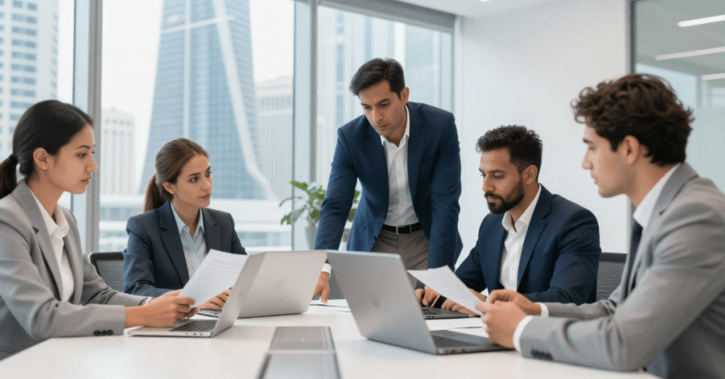 Entrepreneurs discussing Cheapest Dubai Freezone company formation in modern office