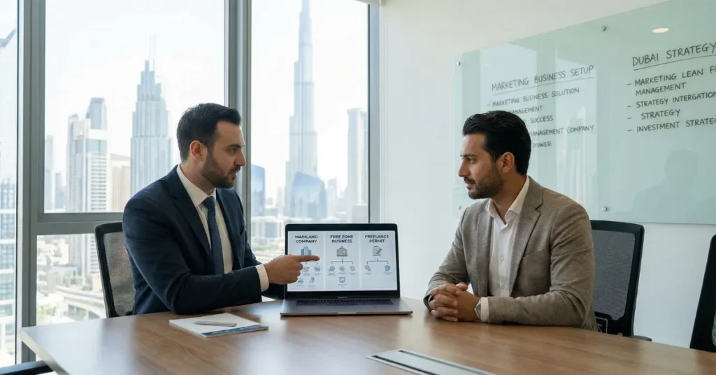 Consultant explaining company setup options for a Dubai Marketing License Dubai