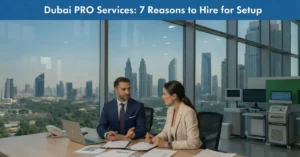 Business consultant assisting entrepreneur with Dubai PRO Services for company setup in Dubai