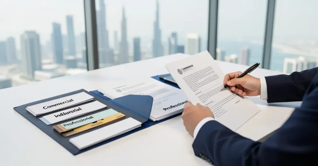 Types of Dubai Trade License including Commercial Industrial and Professional categories