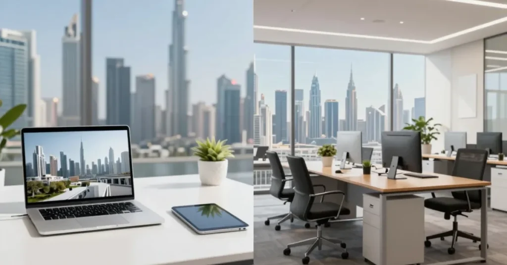 Dubai Virtual Office compared with traditional office workspace illustrating business cost savings in Dubai