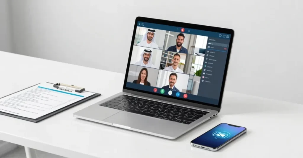 Dubai Virtual Office setup showing remote workspace with laptop and digital business tools in corporate environment