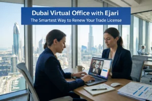 Dubai Virtual Office concept with business professional working remotely in modern Dubai office environment