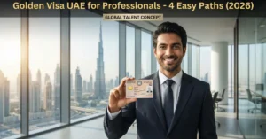 Golden Visa UAE for professionals with Dubai skyline representing long-term residency opportunities