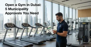 Gym In Dubai business setup with modern fitness facility and regulatory approval concept