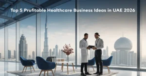 Healthcare Business Ideas in UAE with modern hospital and digital healthcare environment