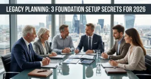 Legacy Planning strategy meeting with family and advisor in modern corporate office