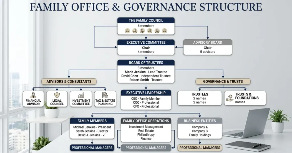 Legacy Planning governance structure showing family roles and wealth management hierarchy