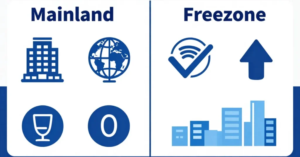 Mainland vs Freezone Dubai key differences infographic with business setup comparison elements