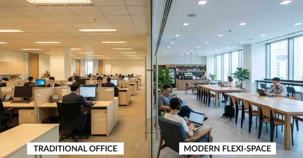 Mainland vs Freezone Dubai office cost comparison showing traditional office and flexi desk workspace