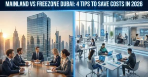 Mainland vs Freezone Dubai comparison showing corporate office and freezone business setup environments