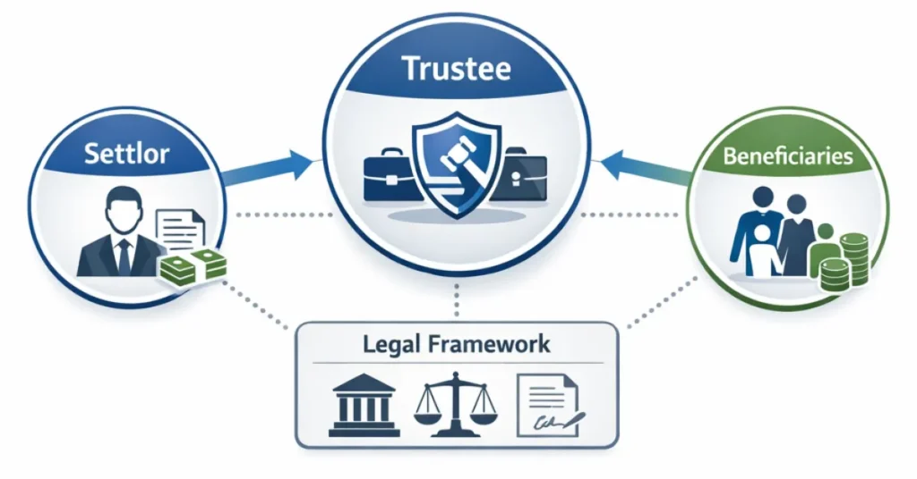 Offshore Trust structure showing settlor trustee and beneficiaries relationship