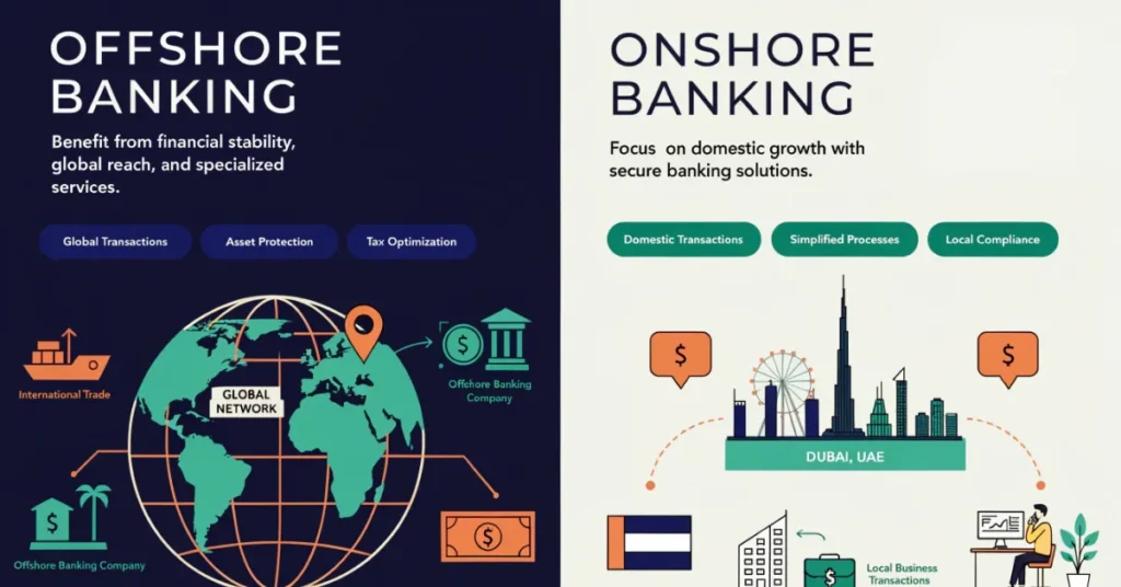 Offshore vs Onshore Banking UAE key differences visual showing global transactions vs local UAE business banking