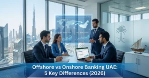 Offshore vs Onshore Banking UAE comparison with corporate professionals managing business bank accounts in Dubai
