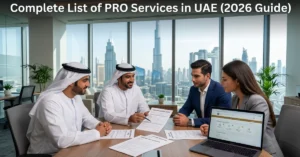 Business consultant assisting entrepreneurs with government paperwork for PRO Services in UAE
