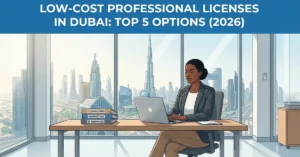 Professional licenses in Dubai concept showing business consultant working in modern office with Dubai skyline