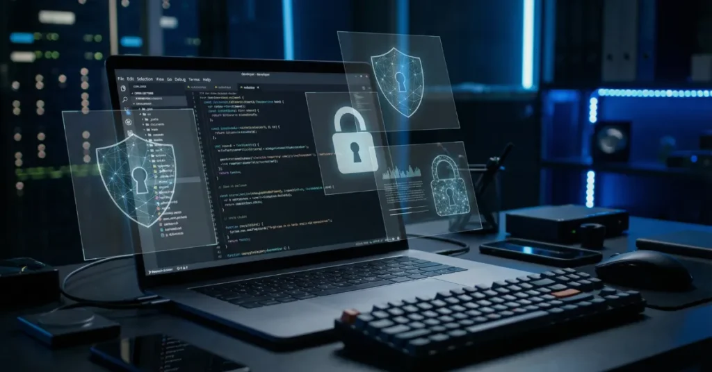 Protect Tech Assets software code and cybersecurity protection concept