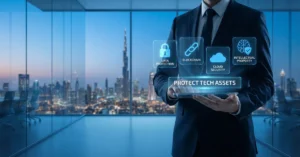 Protect Tech Assets digital security concept with Dubai skyline and data protection visuals