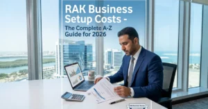 RAK Business Setup Costs guide showing entrepreneur planning company formation in Ras Al Khaimah UAE