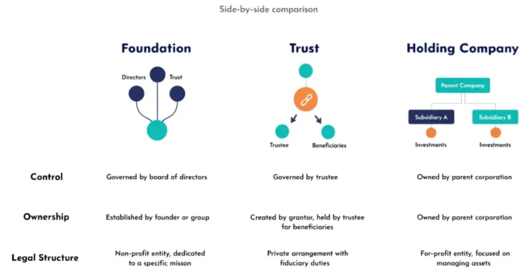 RAK ICC Foundation comparison with trust and holding company showing control and legal structure differences