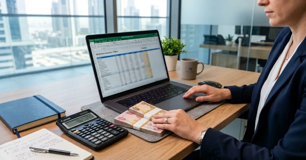 Real Estate Company setup cost planning in Dubai with AED currency and financial analysis tools