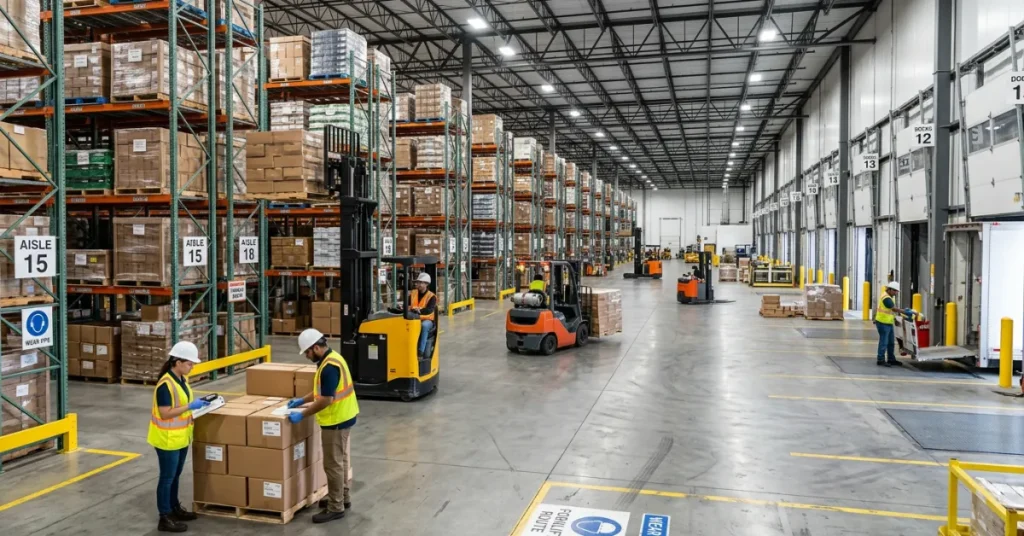 “Warehouse specifications for rent a warehouse in Dubai including storage racks forklifts and loading docks”