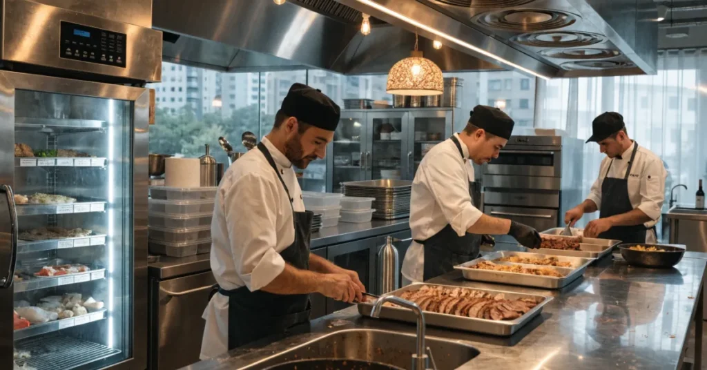 Restaurant in Dubai kitchen staff preparing food with safety standards