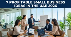 Small Business Ideas in the UAE 2026 – entrepreneurs discussing startup opportunities in Dubai office
