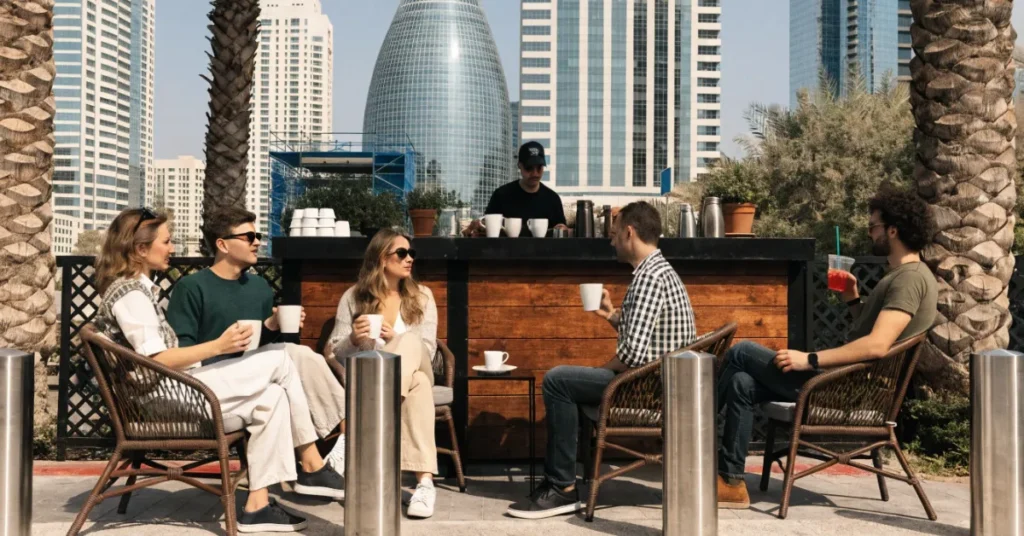 Start a Small Cafe in Dubai outdoor seating lifestyle customers enjoying coffee