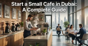 Start a Small Cafe in Dubai modern cafe interior with barista and customers