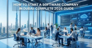 Software Company in Dubai setup with modern tech team working in a corporate office environment
