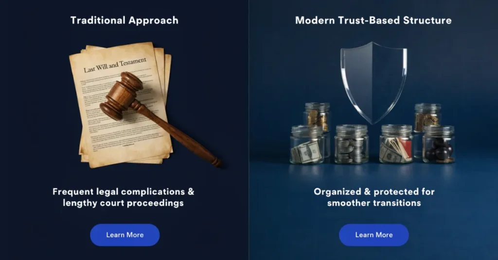 Succession Planning comparison between DIFC trust and will showing asset control and protection