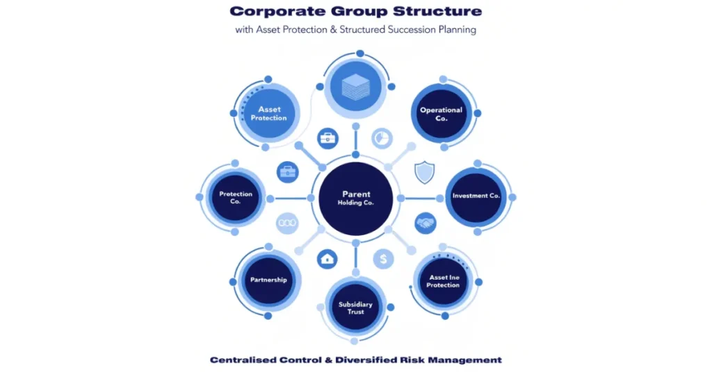 Succession Planning structure showing DIFC trust benefits with asset protection and business network