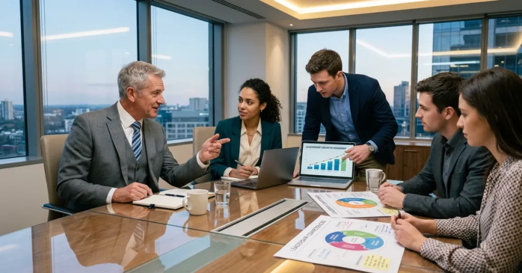 Leadership development meeting demonstrating internal talent growth strategy for Succession Planning