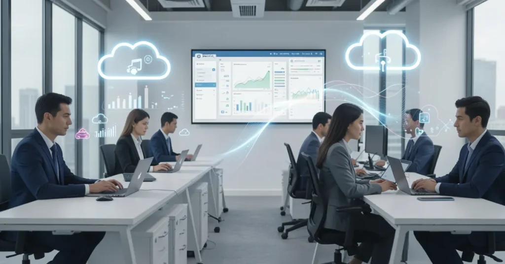 Tech Business Ideas in Dubai with cloud computing and SaaS solutions in modern tech workspace