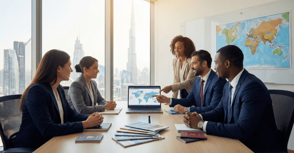 Business team planning setup process for a Travel Agency in Dubai tourism market