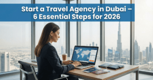 Travel Agency in Dubai planning international travel packages in a modern Dubai office