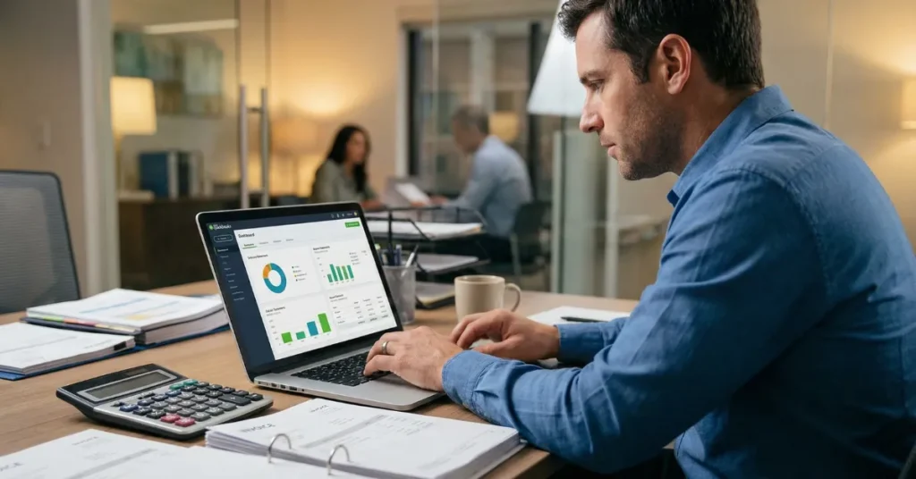 Accountant maintaining records for UAE Corporate Tax compliance using accounting software