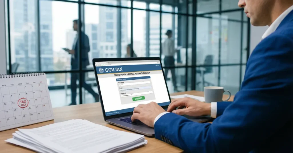 Business owner submitting UAE Corporate Tax return online before filing deadline