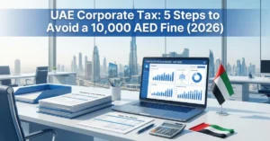 UAE Corporate Tax compliance concept showing business financial documents and Dubai skyline for 2026 tax regulations