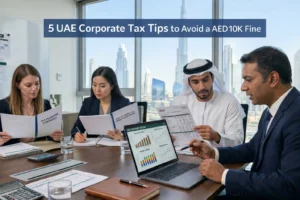 UAE Corporate Tax compliance planning with business professionals reviewing financial reports in Dubai office