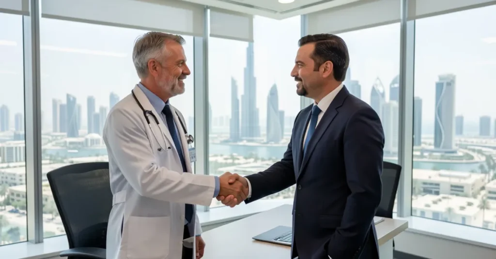 Doctor discussing career benefits under the UAE Golden Visa program for healthcare professionals