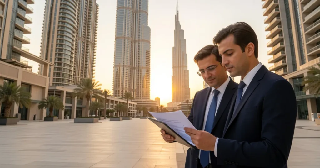UAE Golden Visa through real estate investment showing investor reviewing Dubai property documents