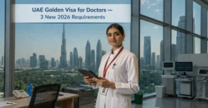 Doctor in modern hospital representing UAE Golden Visa opportunities for healthcare professionals in the UAE