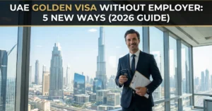 UAE Golden Visa without employer concept showing professional holding passport in Dubai corporate setting