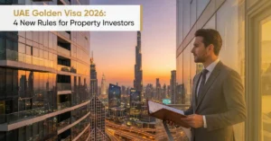“UAE Golden Visa 2026 for property investors in Dubai skyline corporate concept”
