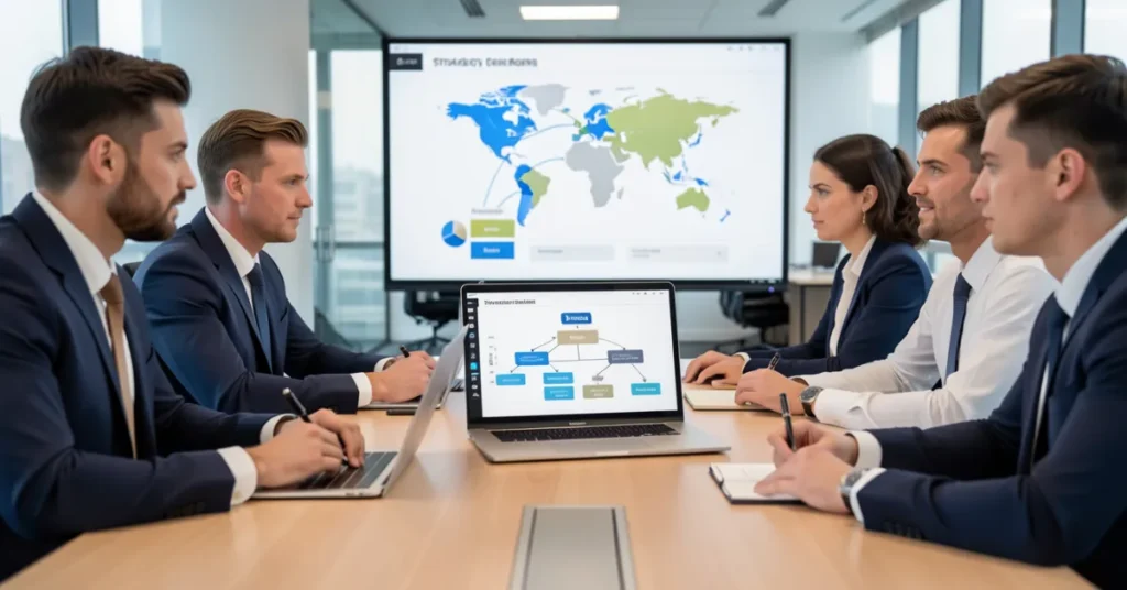 Business professionals reviewing global subsidiary structure of a UAE Holding Company