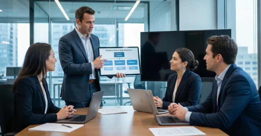 Business consultant explaining ownership structure of a UAE Holding Company to entrepreneurs