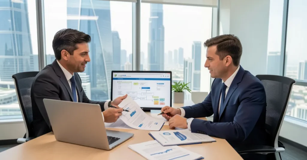 UAE Holding Company setup process with professionals reviewing company formation documents