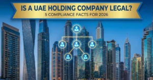 UAE Holding Company corporate structure with Dubai skyline and business hierarchy visualization